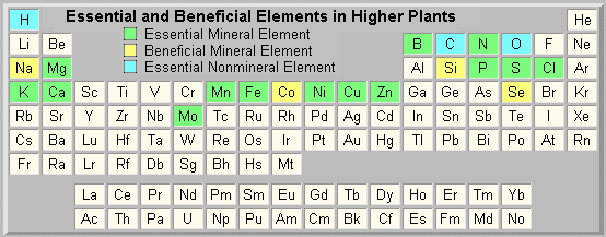 Periodic Table marked with essential and beneficial elements